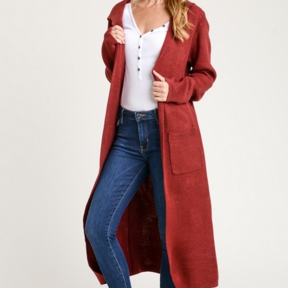 Long Hooded Duster Red Jacket Cardigan Coat Pocket - Picture 2 of 5